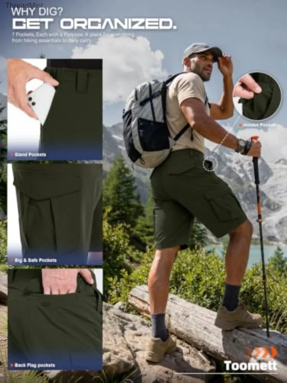 Men's Quick Dry Hiking Cargo Shorts with UPF 50 Nylon Spandex Multi-Pocket